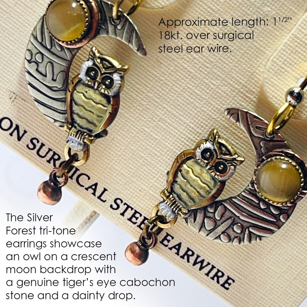 Silver Forest Tri-Tone Owl on Crescent Moon Earrings 🦉🌙 - Picture 5 of 10